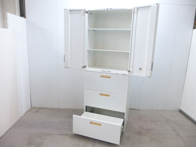 オカムラ/ホワイト/上下連結キャビネット/【中古】